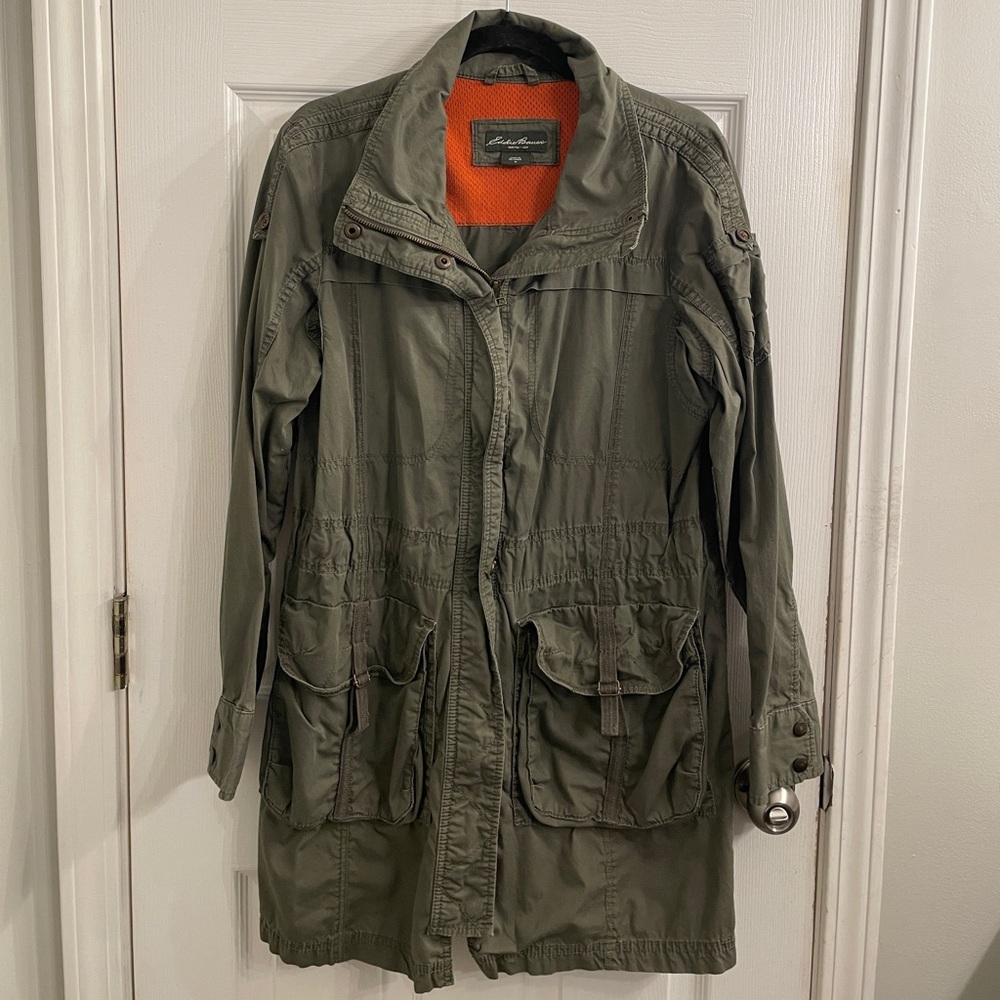 Eddie Bauer Olive Green Field Utility Jacket with Orange Lining Size M